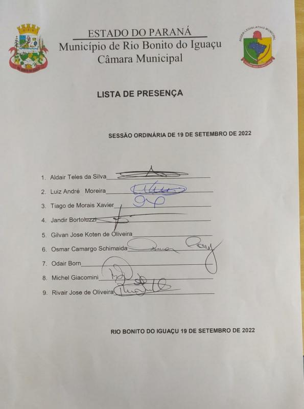 Lista de Presença dos vereadores 19 de setembro 